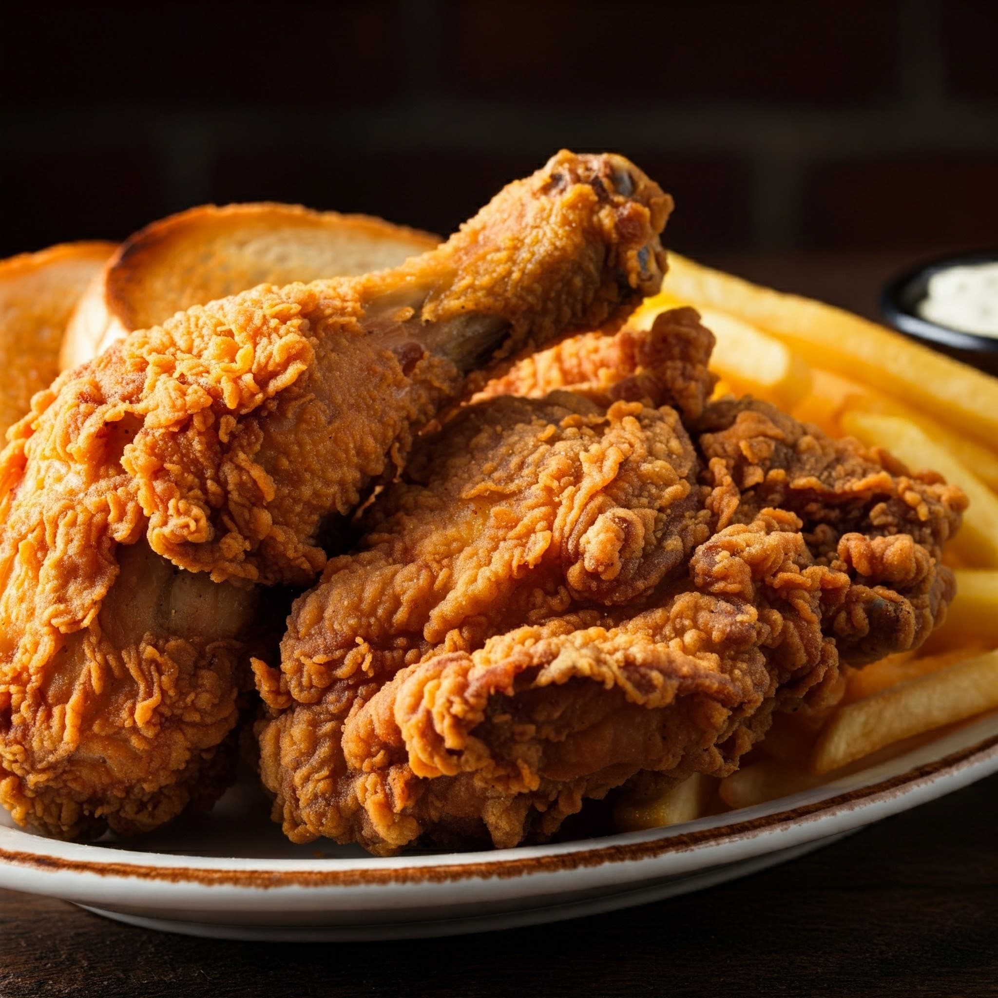 Crispy golden-brown fried chicken served with French fries and toasted bread on a plate.