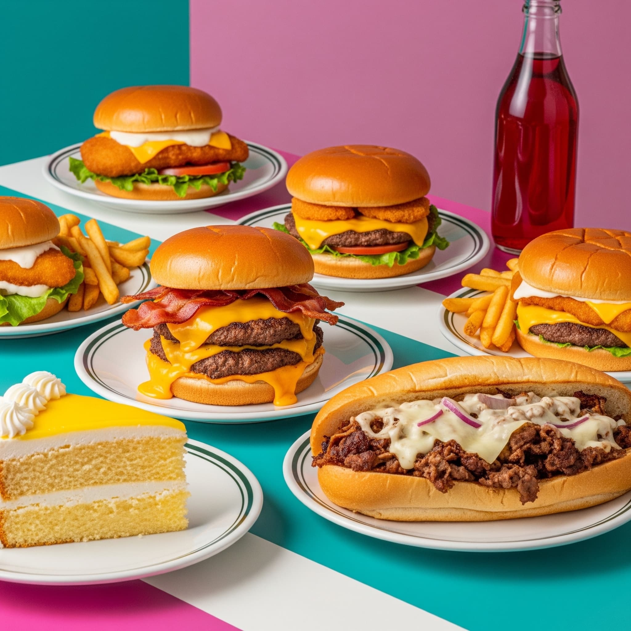 Assorted burgers, cheesesteak, fries, cake, and soda on a vibrant, geometric patterned background.