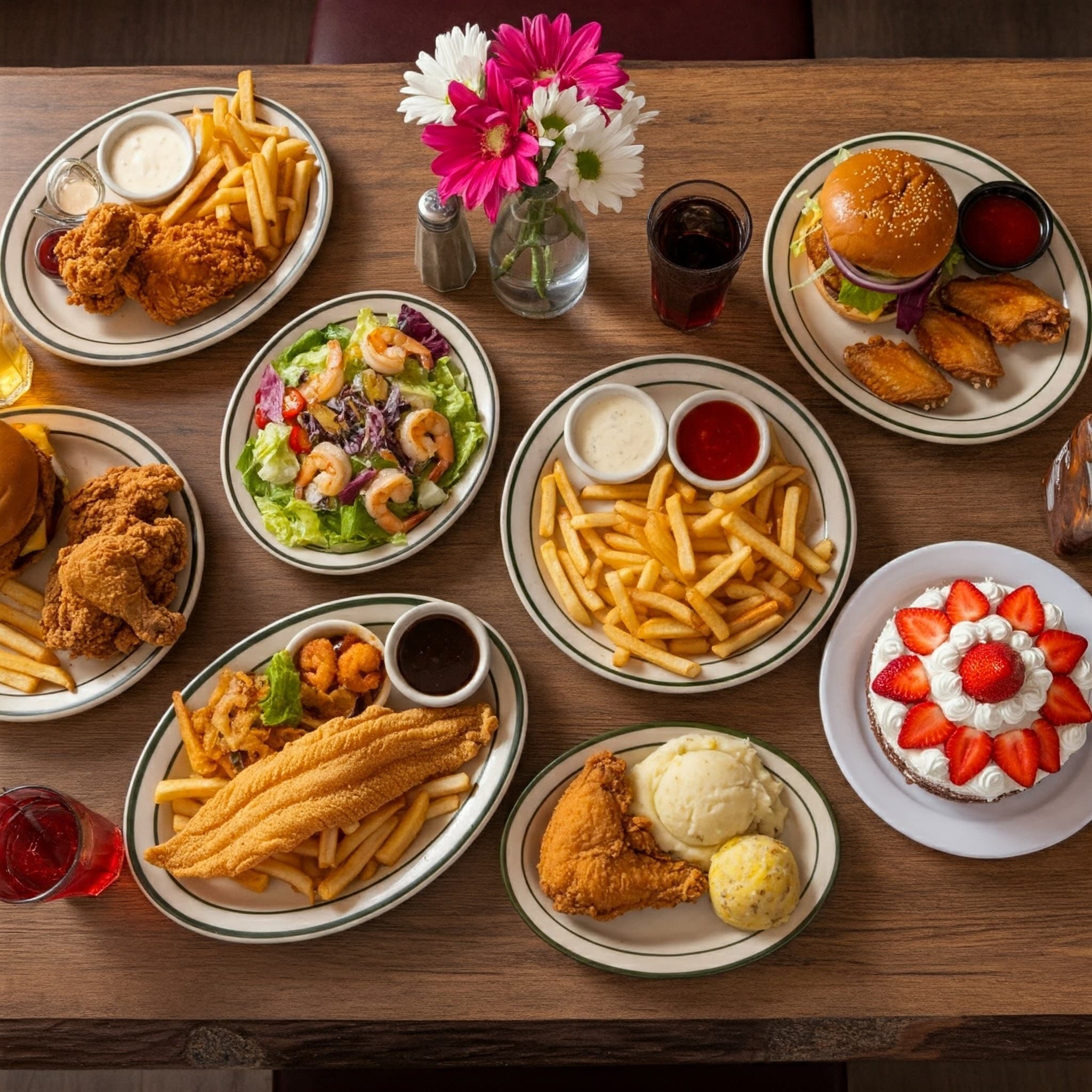Wooden table spread with fried chicken, fish, burgers, fries, shrimp salad, and strawberry cake.
